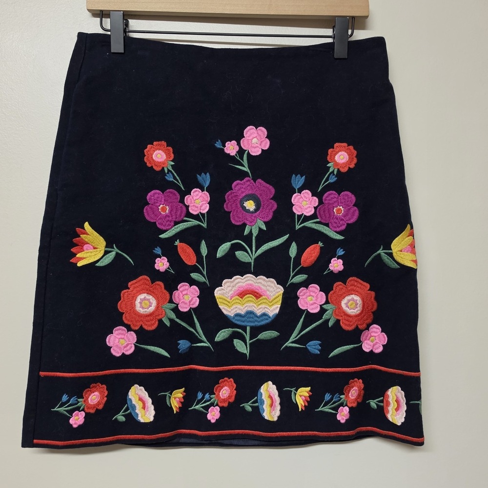 Boden Olivia Floral Embroidered Cotton Blend Mini Skirt Navy Blue Boho Womens 8